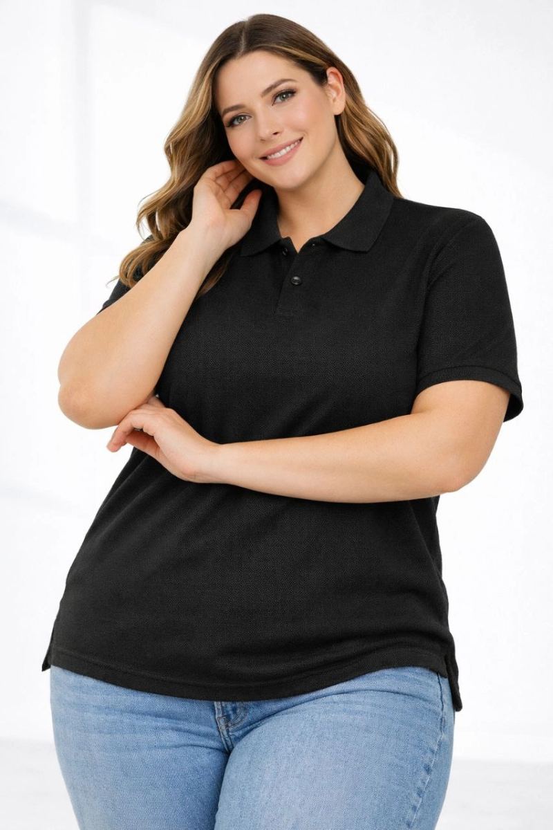 Kadın Battal Beden Tişört Polo Yaka Pike Kumaş Kısa Kol T-Shirt - Siyah