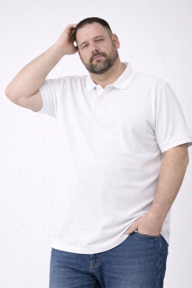 Erkek Polo Yaka Düğmeli Tişört Pike Kumaş Battal Beden Kısa Kol T-Shirt - Beyaz