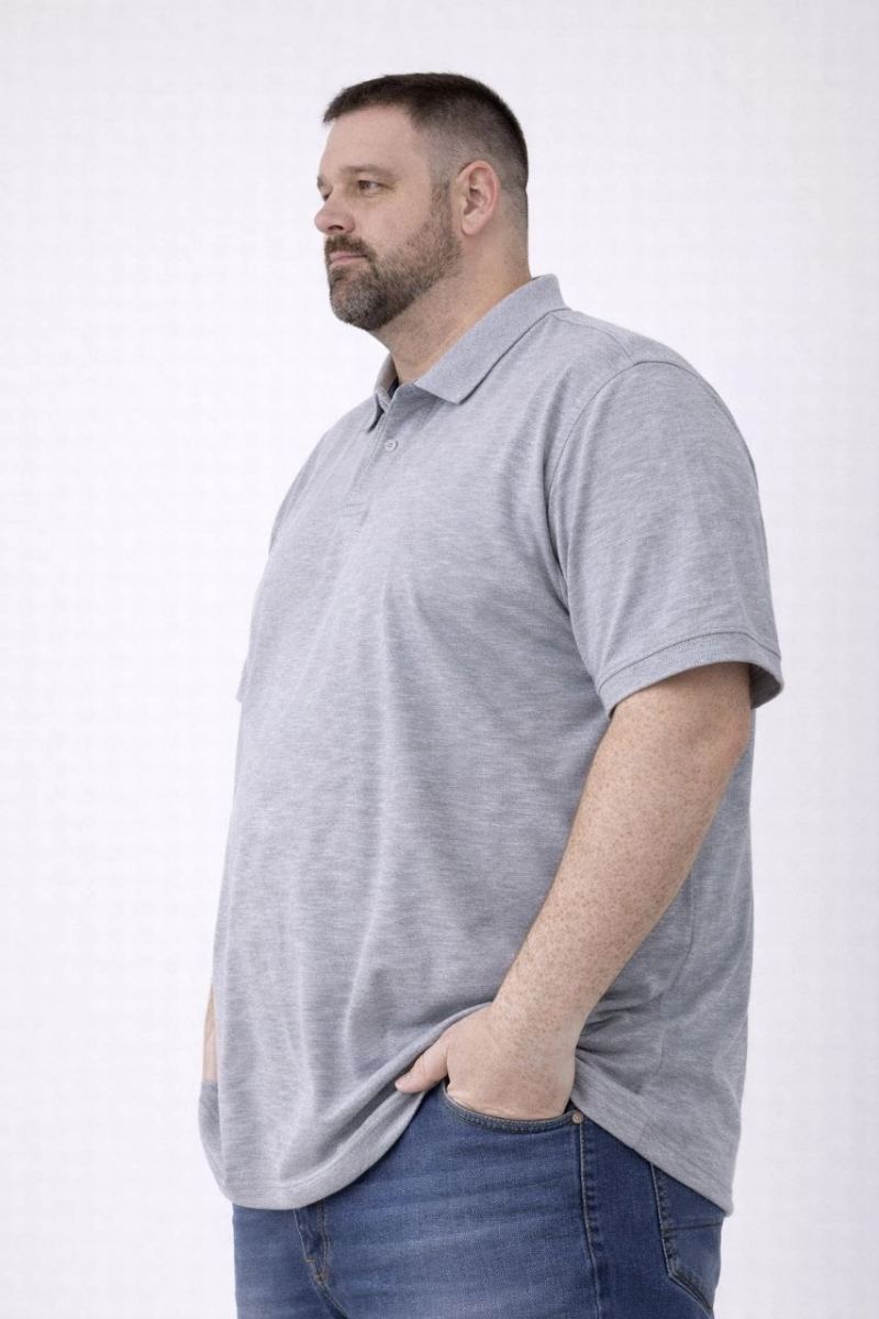 Erkek Polo Yaka Düğmeli Pike Kumaş Tişört Battal Beden Kısa Kol T-Shirt - Gri