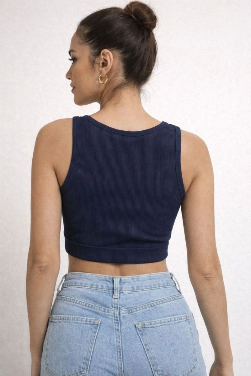 Kadın Fitilli Baskılı Crop - Lacivert