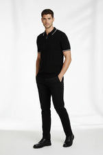 Erkek Yazlık Dokuma Triko Tişört Fermuarlı Polo Yaka Kısa Kol T-Shirt - Siyah