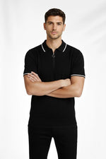Erkek Yazlık Dokuma Triko Tişört Fermuarlı Polo Yaka Kısa Kol T-Shirt - Siyah