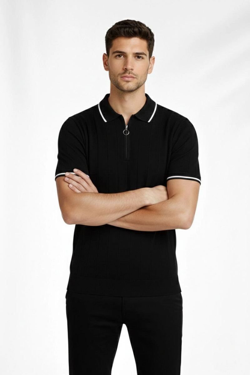 Erkek Yazlık Dokuma Triko Tişört Fermuarlı Polo Yaka Kısa Kol T-Shirt - Siyah