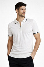 Erkek Yazlık Dokuma Triko Tişört Fermuarlı Polo Yaka Kısa Kol T-Shirt - Beyaz