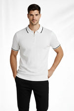 Erkek Yazlık Dokuma Triko Tişört Fermuarlı Polo Yaka Kısa Kol T-Shirt - Beyaz