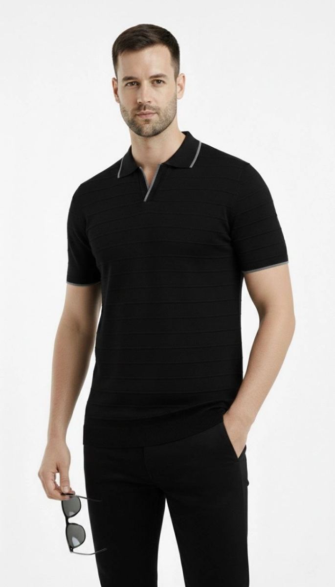 Erkek Yazlık Dokuma Triko Tişört Düğmesiz Polo Yaka Kısa Kol T-Shirt - Siyah