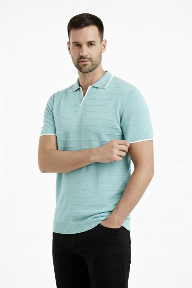 Erkek Yazlık Dokuma Triko Tişört Düğmesiz Polo Yaka Kısa Kol T-Shirt - Mint yeşili