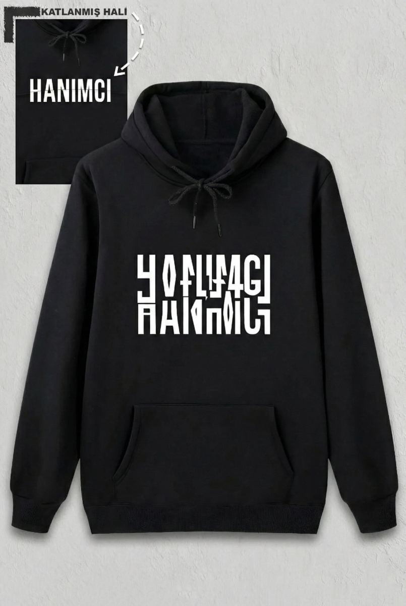 Sevgililer Günü Özel Kapüşonlu Hanımcı Baskılı Oversize Sweatshirt - Siyah