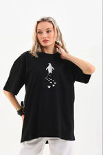 Kadın T-Shirt Penguen Baskılı Bisiklet Yaka Kısa kol yazlık Tişört - Siyah