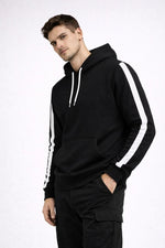 Erkek Şeritli Kapüşonlu Sweatshirt Oversize 3 iplik Pamuklu Hoodie - Siyah