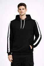 Erkek Şeritli Kapüşonlu Sweatshirt Oversize 3 iplik Pamuklu Hoodie - Siyah