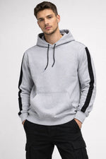 Erkek Şeritli Kapüşonlu Oversize Sweatshirt 3 iplik Pamuklu hoodie - Beyaz