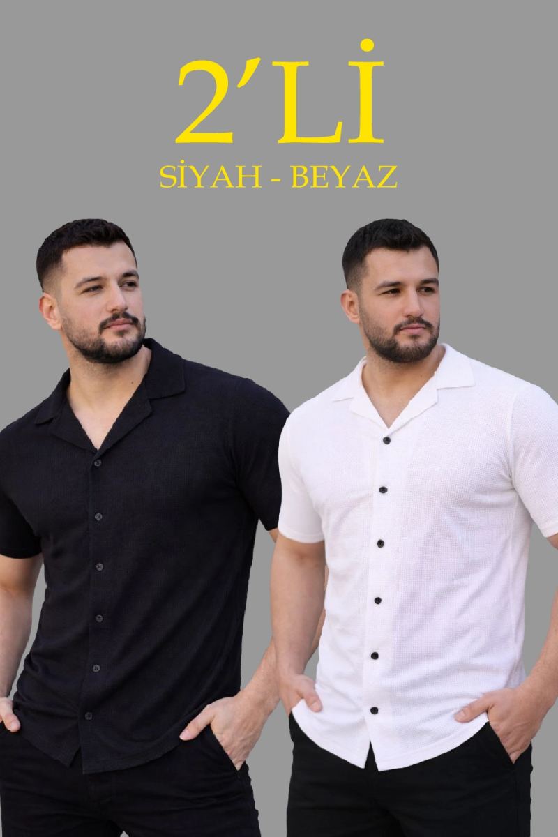 Erkek Waffle Kumaş Açık Yakalı Düğmeli Regular Fit Gömlek 2’li Set Siyah-Beyaz