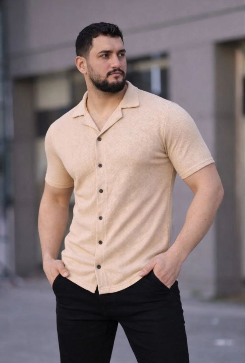Erkek Waffle Dokuma Kumaş Açık Yakalı Düğmeli Gömlek 2’li Set Haki-Bej