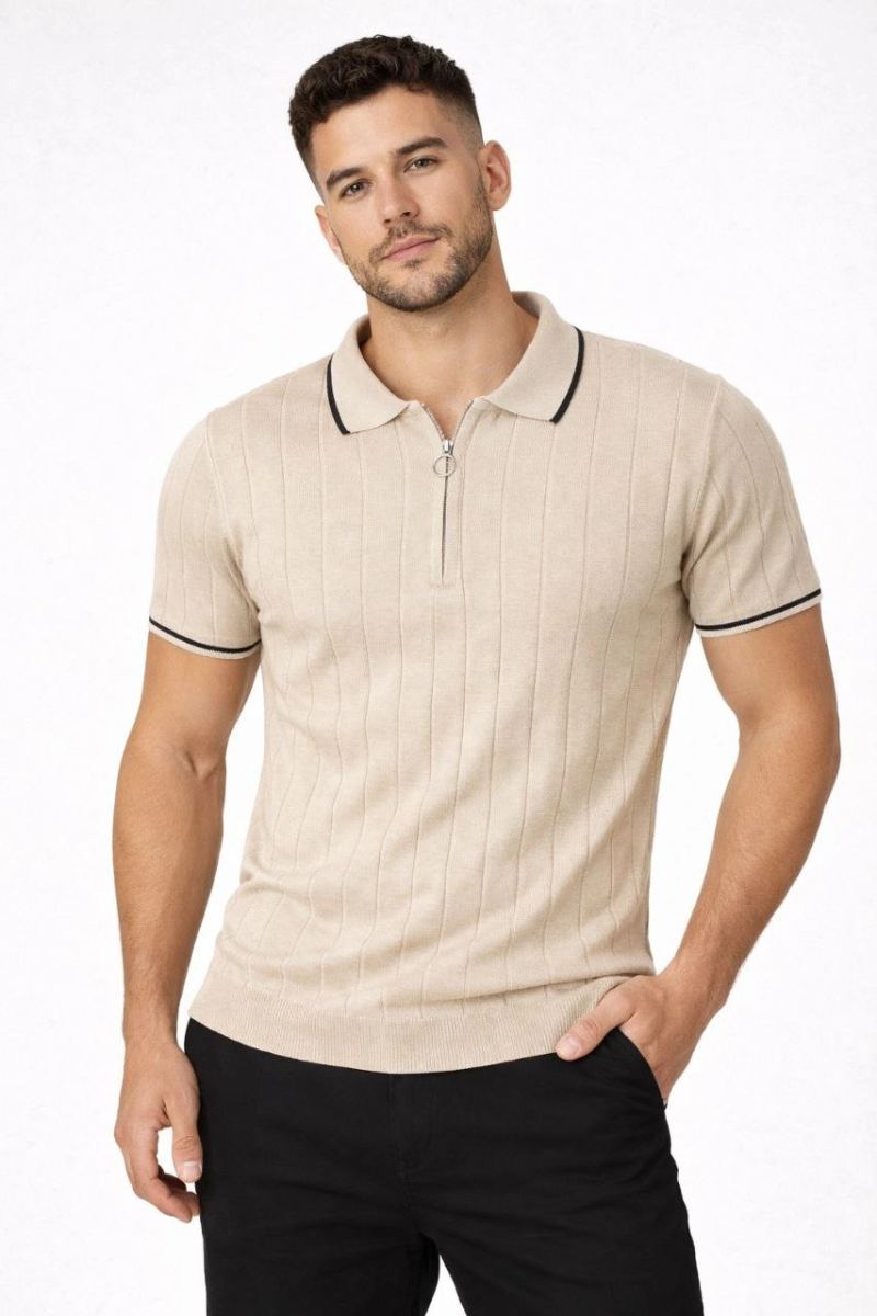 Erkek Dokuma Triko Tişört Fermuarlı Polo Yaka Yazlık Kısa Kol T-Shirt 2’li Set Bej-Beyaz