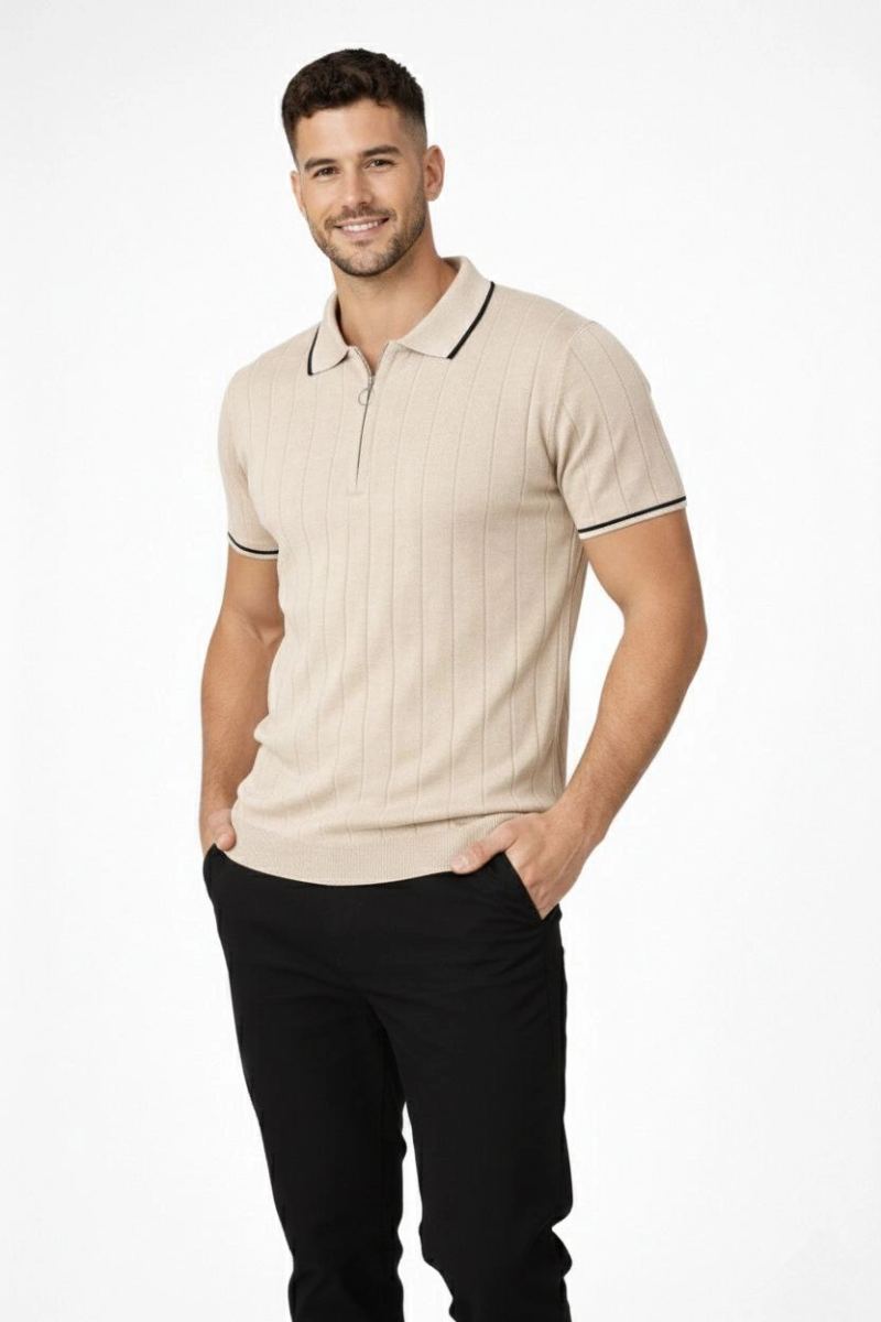 Erkek Triko Tişört Fermuarlı Polo Yaka Kısa Kol T-Shirt 3’lü Set Bej-Beyaz-Siyah