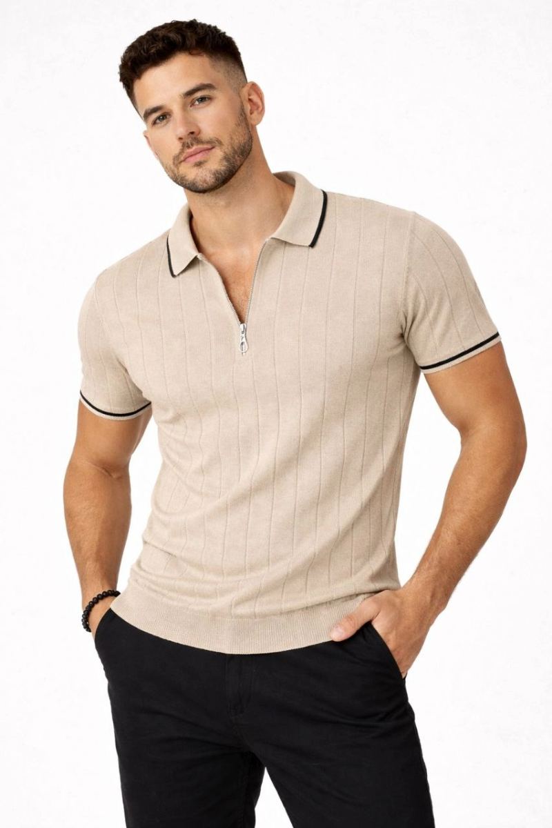 Erkek Triko Tişört Fermuarlı Polo Yaka Kısa Kol T-Shirt 3’lü Set Bej-Beyaz-Siyah