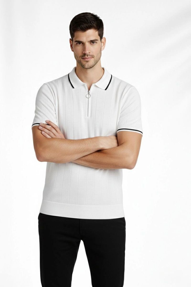 Erkek Triko Tişört Fermuarlı Polo Yaka Kısa Kol T-Shirt 3’lü Set Kahve-Siyah-Beyaz