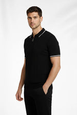 Erkek Triko Tişört Fermuarlı Polo Yaka Kısa Kol T-Shirt 3’lü Set Beyaz-Haki-Siyah