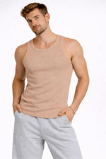 Erkek Fitilli Atlet Sıfır Yaka Slim Fit Arka Baskılı Spor Atlet - Bej