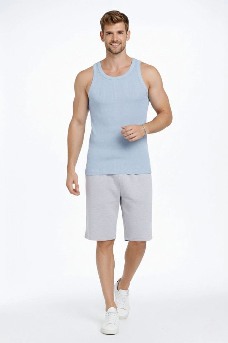 Erkek Fitilli Atlet Sıfır Yaka Slim Fit Arka Baskılı Spor Atlet - Bebek Mavisi
