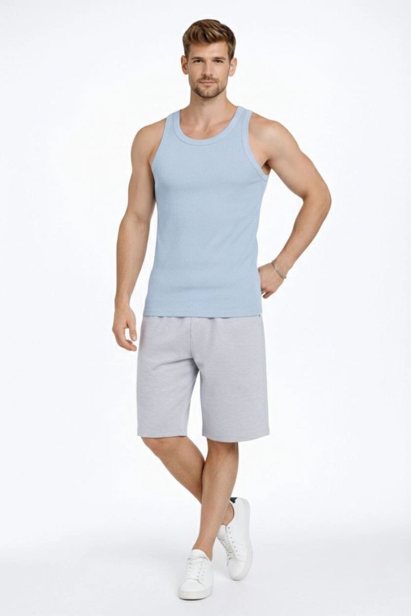 Erkek Fitilli Atlet Sıfır Yaka Slim Fit Arka Baskılı Spor Atlet - Bebek Mavisi
