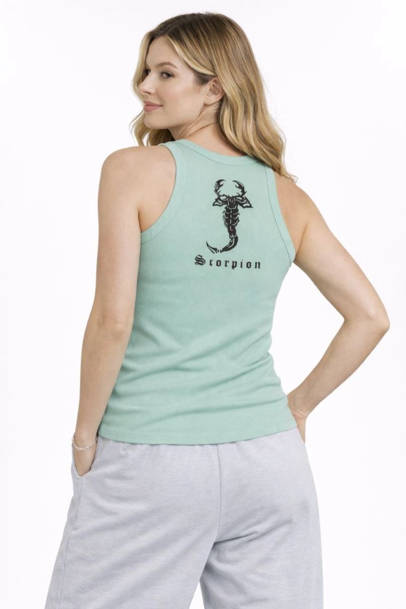 Kadın Fitilli Atlet Sıfır Yaka Slim Fit Arka Baskılı Spor Atlet - Mint Yeşili
