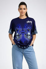 Kadın Oversize Tişört Dragon & Kuru Kafa Baskılı Bisiklet Yaka T-Shirt - Lacivert