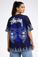 Kadın Oversize Tişört Dragon & Kuru Kafa Baskılı Bisiklet Yaka T-Shirt - Lacivert