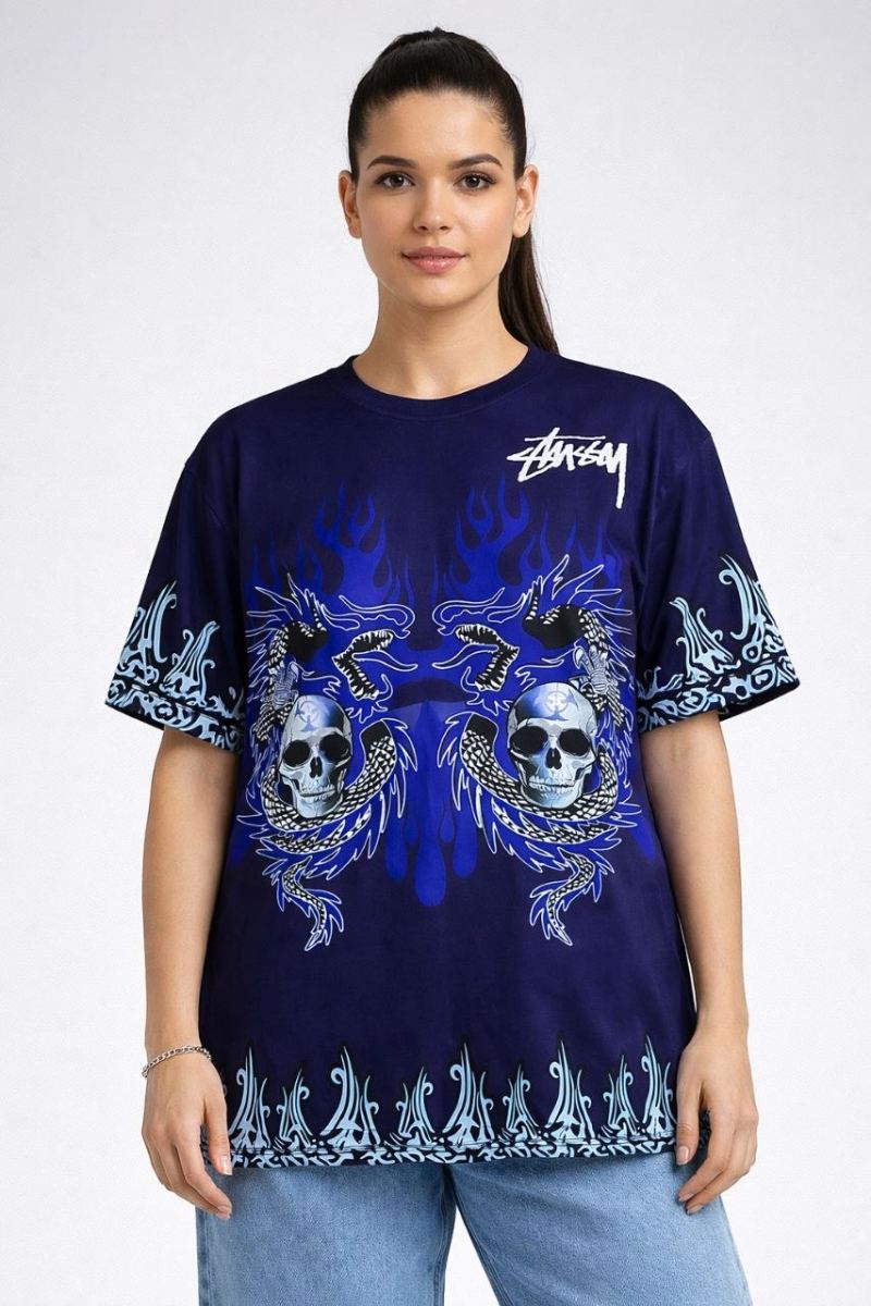 Kadın Oversize Tişört Dragon & Kuru Kafa Baskılı Bisiklet Yaka T-Shirt - Lacivert