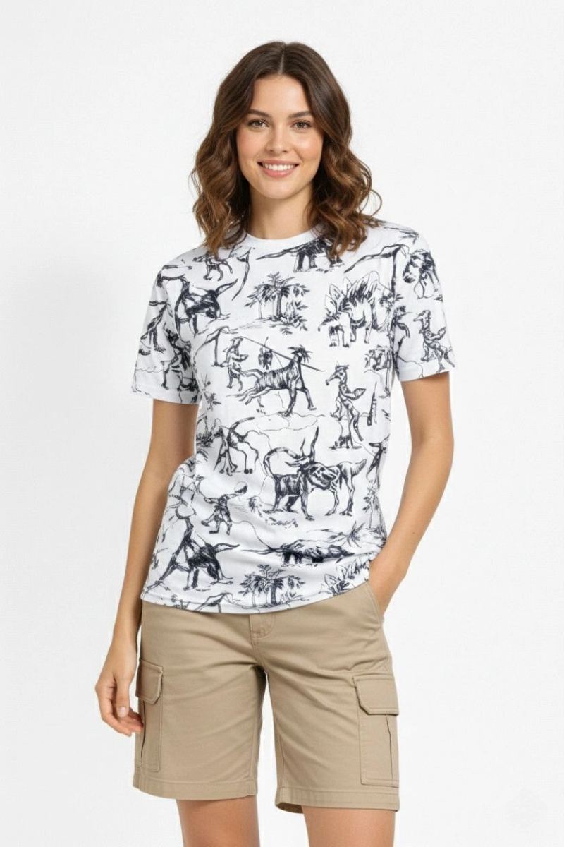 Kadın Dinozor Dijıtal ön ve arka Baskılı Tişört Bisiklet Yaka T-Shirt - Beyaz
