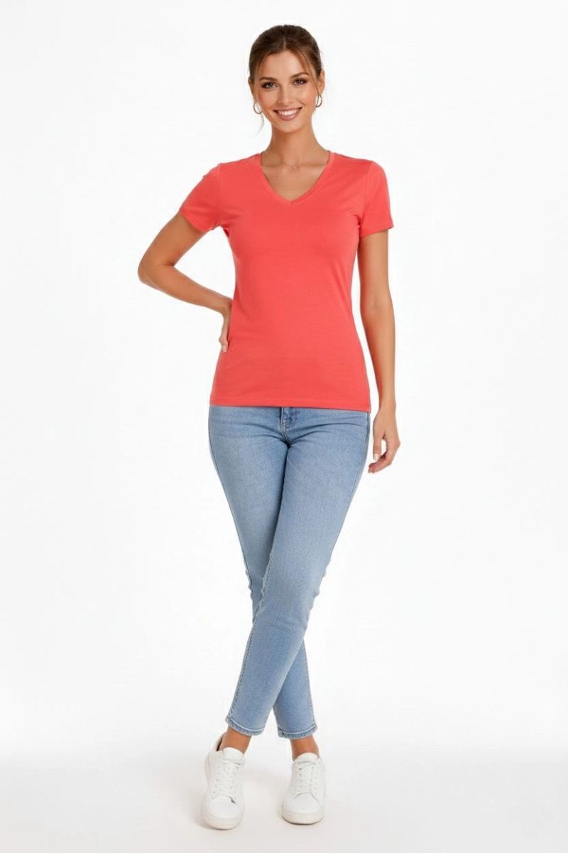 Kadın T-Shirt V Yaka Slim Fit Likralı Tişört Yazlık Basic Body - Nar Çiçeği