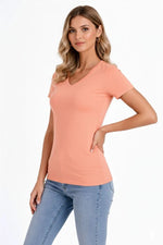 Kadın T-Shirt V Yaka Slim Fit Likralı Tişört Yazlık Basic Body - Toz Pembe