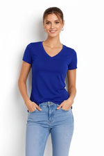 Kadın T-Shirt V Yaka Slim Fit Likralı Tişört Yazlık Basic Body - İndigo