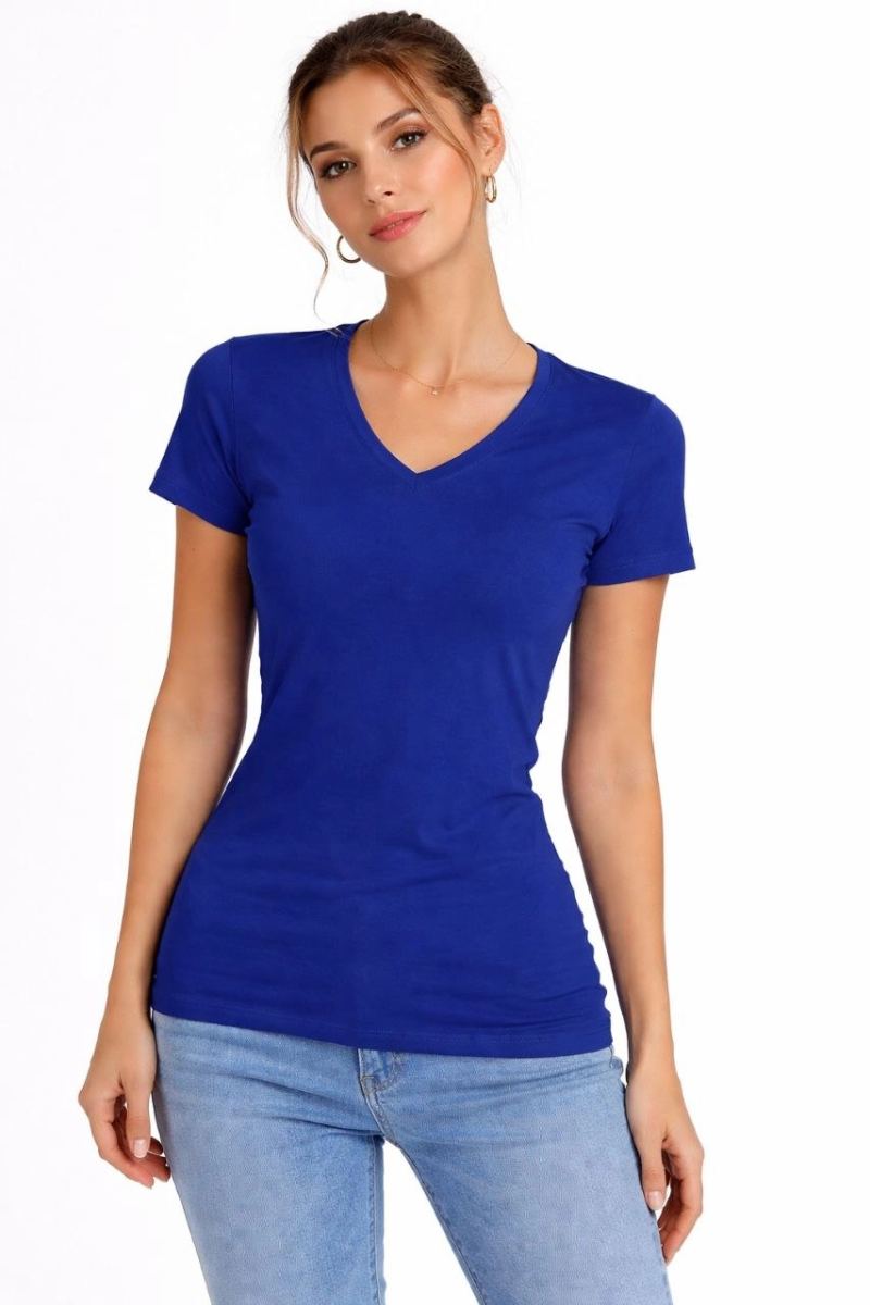 Kadın T-Shirt V Yaka Slim Fit Likralı Tişört Yazlık Basic Body - İndigo