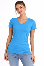 Kadın T-Shirt V Yaka Slim Fit Likralı Tişört Yazlık Basic Body - Açık Mavi