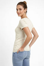 Kadın T-Shirt V Yaka Slim Fit Likralı Tişört Yazlık Basic Body - Taş