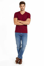 Erkek Body T-shirt V Yaka Slim Fit Likralı Kısa kol Tişört - Bordo