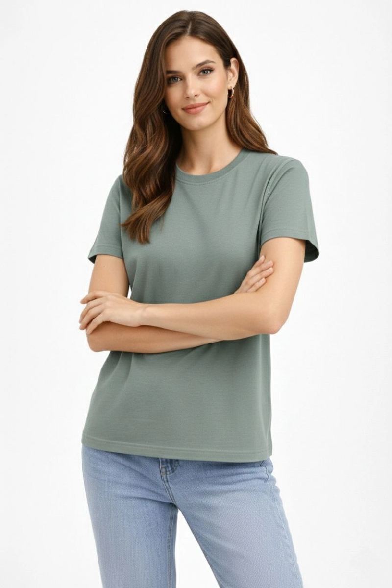 Kadın Bisiklet Yaka Yazlık Kısa kol Düz Tişört Regular Kalıp T-shirt - Mint Yeşili