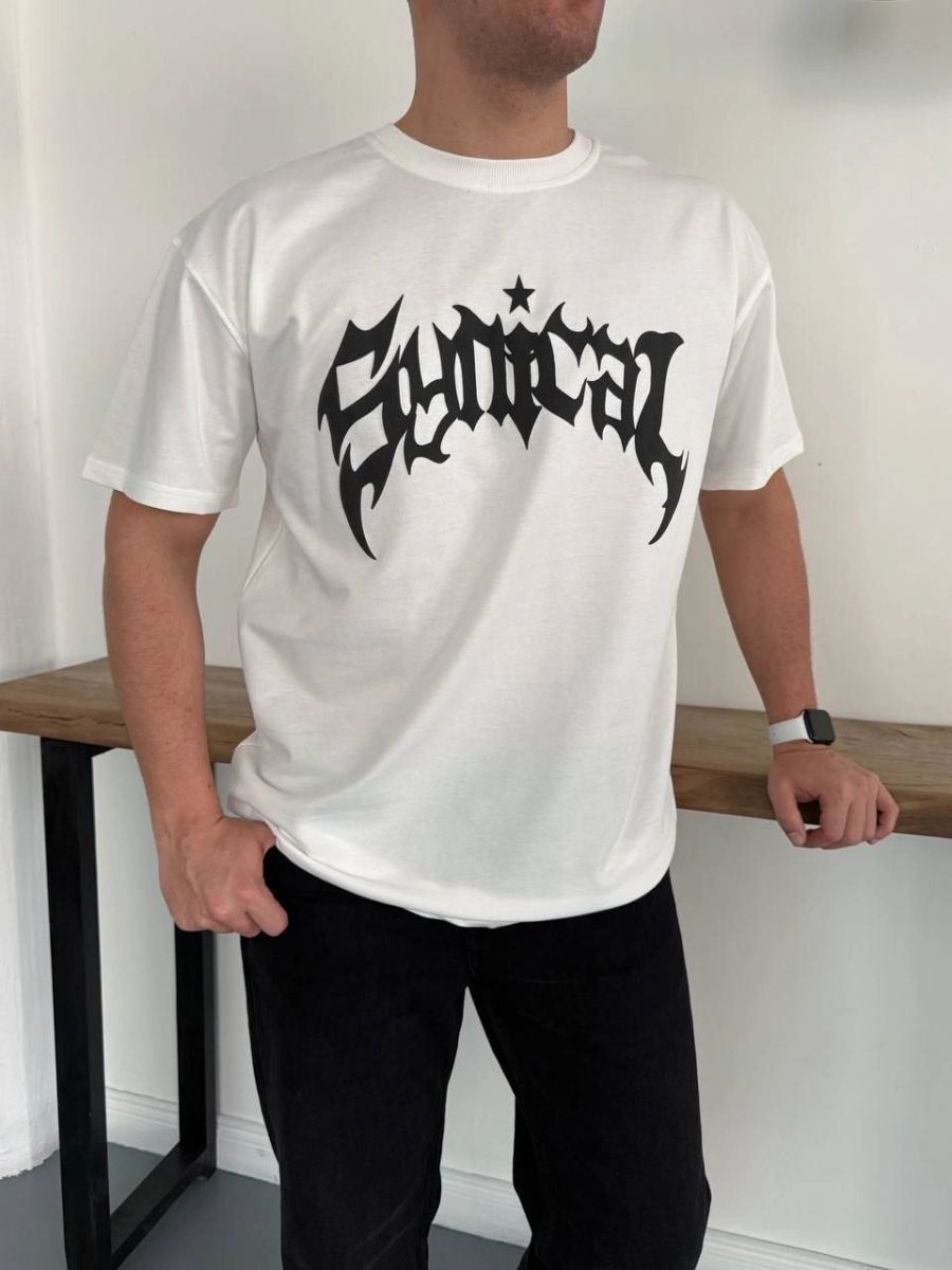 Erkek Kısa Kol Yazlık Tişört Bisiklet Yaka Baskılı Oversize T-Shirt - Beyaz