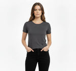 Kadın T-Shirt Bisiklet Yaka Slim Fit Likralı Tişört Yazlık Basic Body - Füme