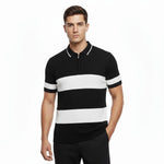 Erkek T-shirt Çizgili Triko Kumaş Polo Yaka Yarım Fermuarlı Kısa Kol Tişört - Siyah