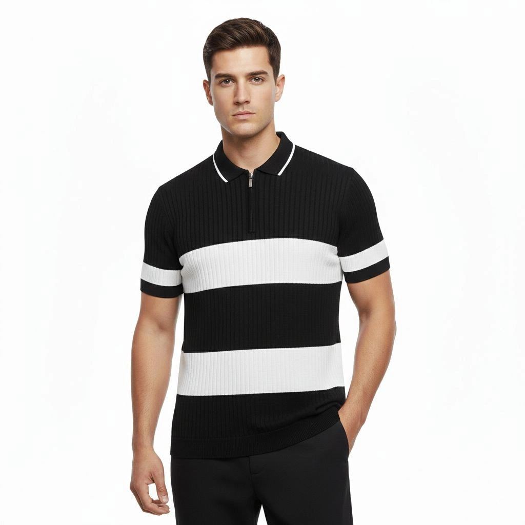 Erkek T-shirt Çizgili Triko Kumaş Polo Yaka Yarım Fermuarlı Kısa Kol Tişört - Siyah