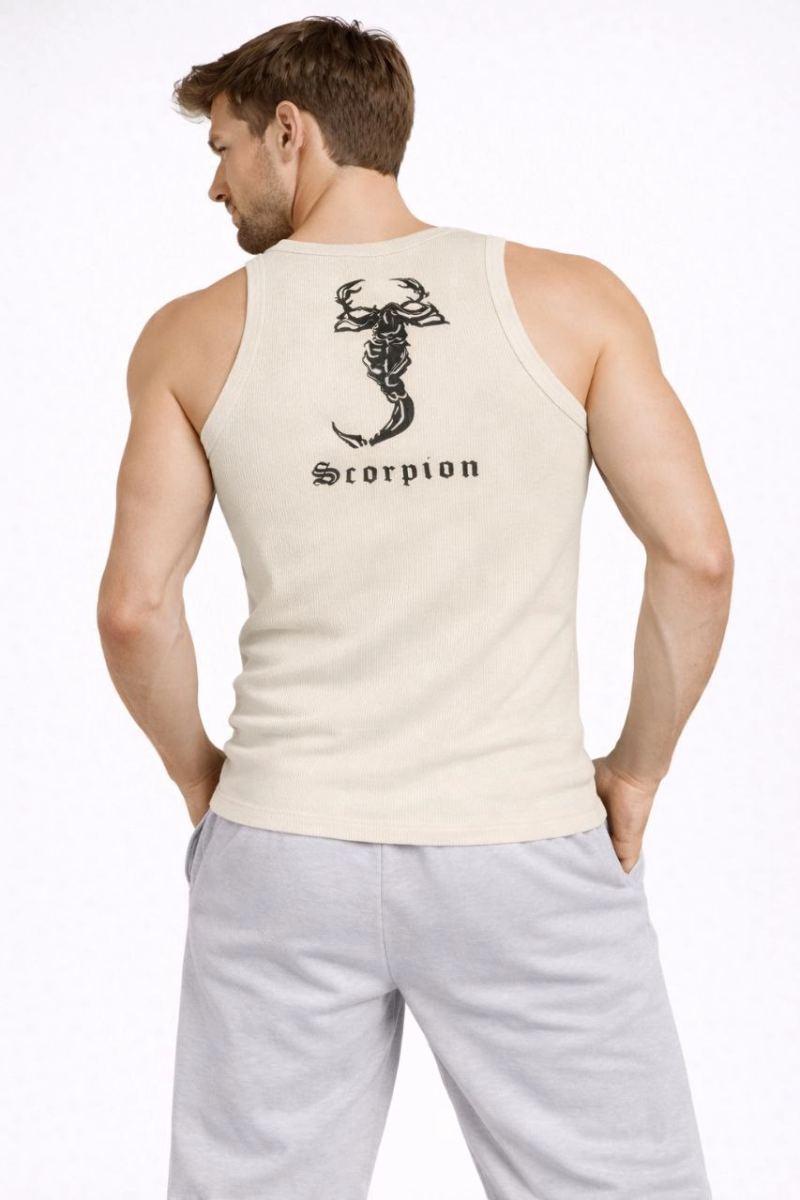Erkek Spor Slimfit Fitilli Kaşkorse Arka Basklı Atlet 2'li Set Siyah-Bej