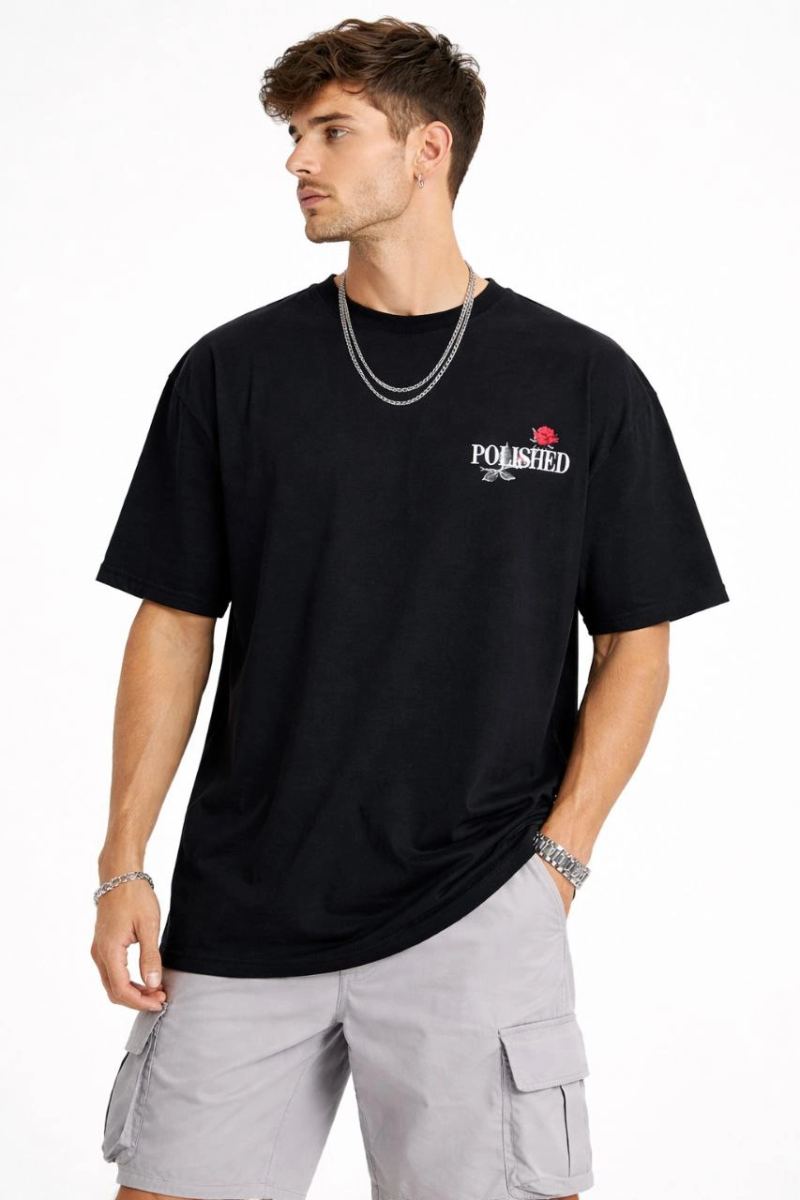 Erkek Kısa Kol Yazlık Tişört Bisiklet Yaka Baskılı Oversize T-Shirt - Siyah
