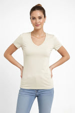 Kadın V Yaka Tişört Kısa Kol Slim Fit T-shirt 2'li Set Saks Mavisi-Ekru
