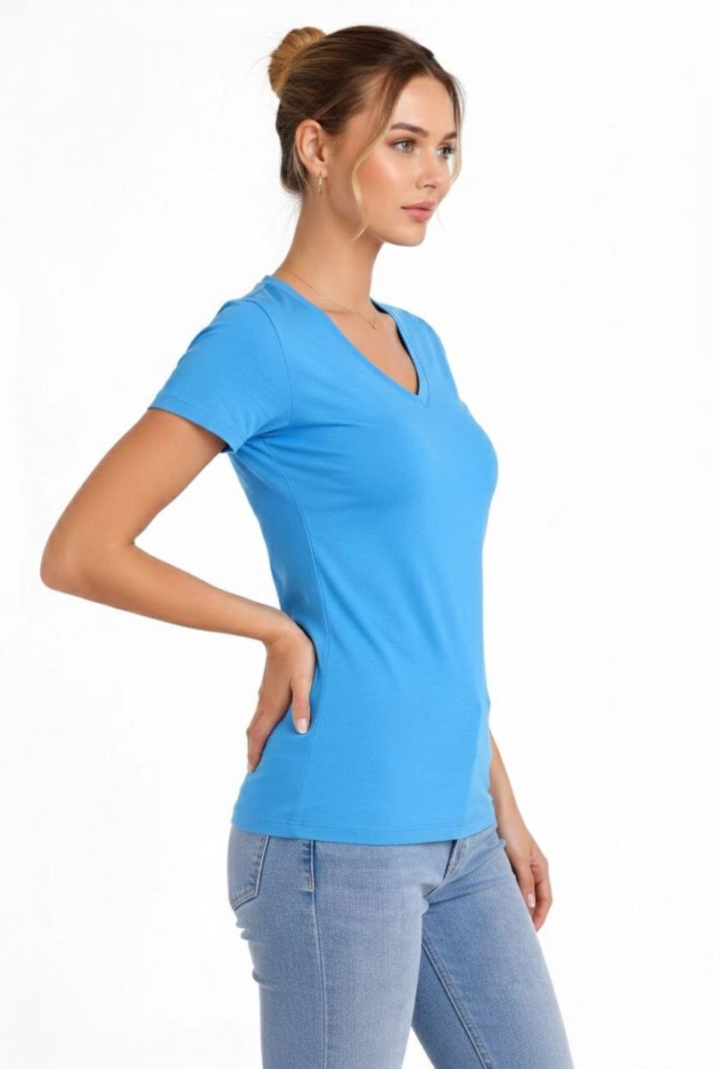 Kadın V Yaka Tişört Kısa Kol Slim Fit T-shirt 3'lü Set Pembe-Açık Mavi-Ekru