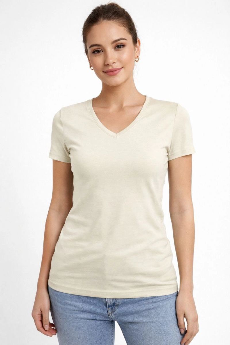 Kadın V Yaka Tişört Kısa Kol Slim Fit T-shirt 3'lü Set Pembe-Saks Mavi-Ekru